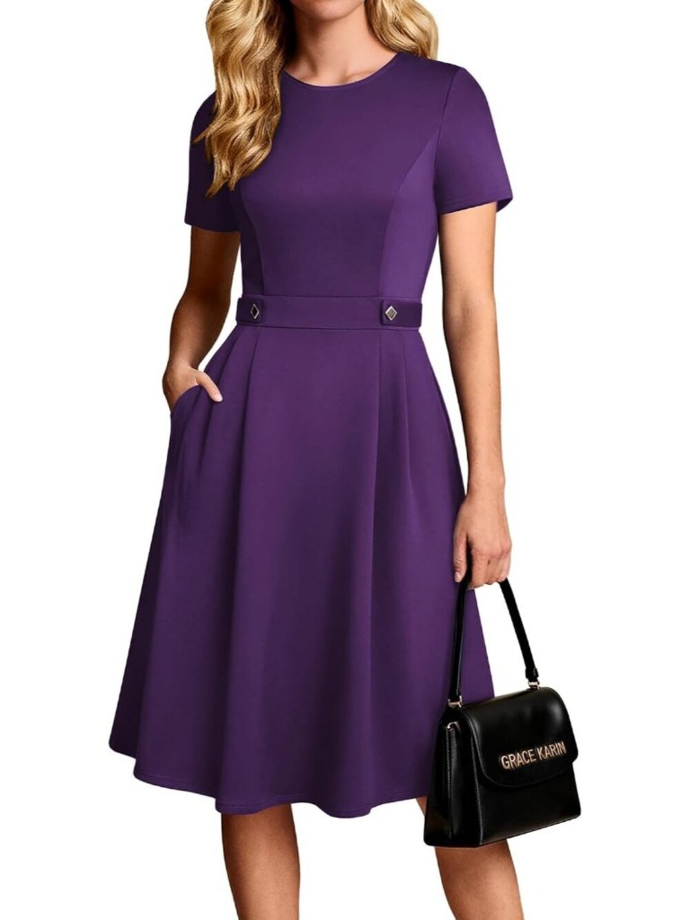 〽️Women's Grape Purple Short Sleeve A Line Pockets Church Work Office Midi Dress